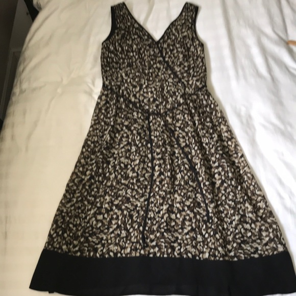 Talbots silk brown/cream/black faux wrap fit n flare sleeveless dress EUC - Picture 1 of 10